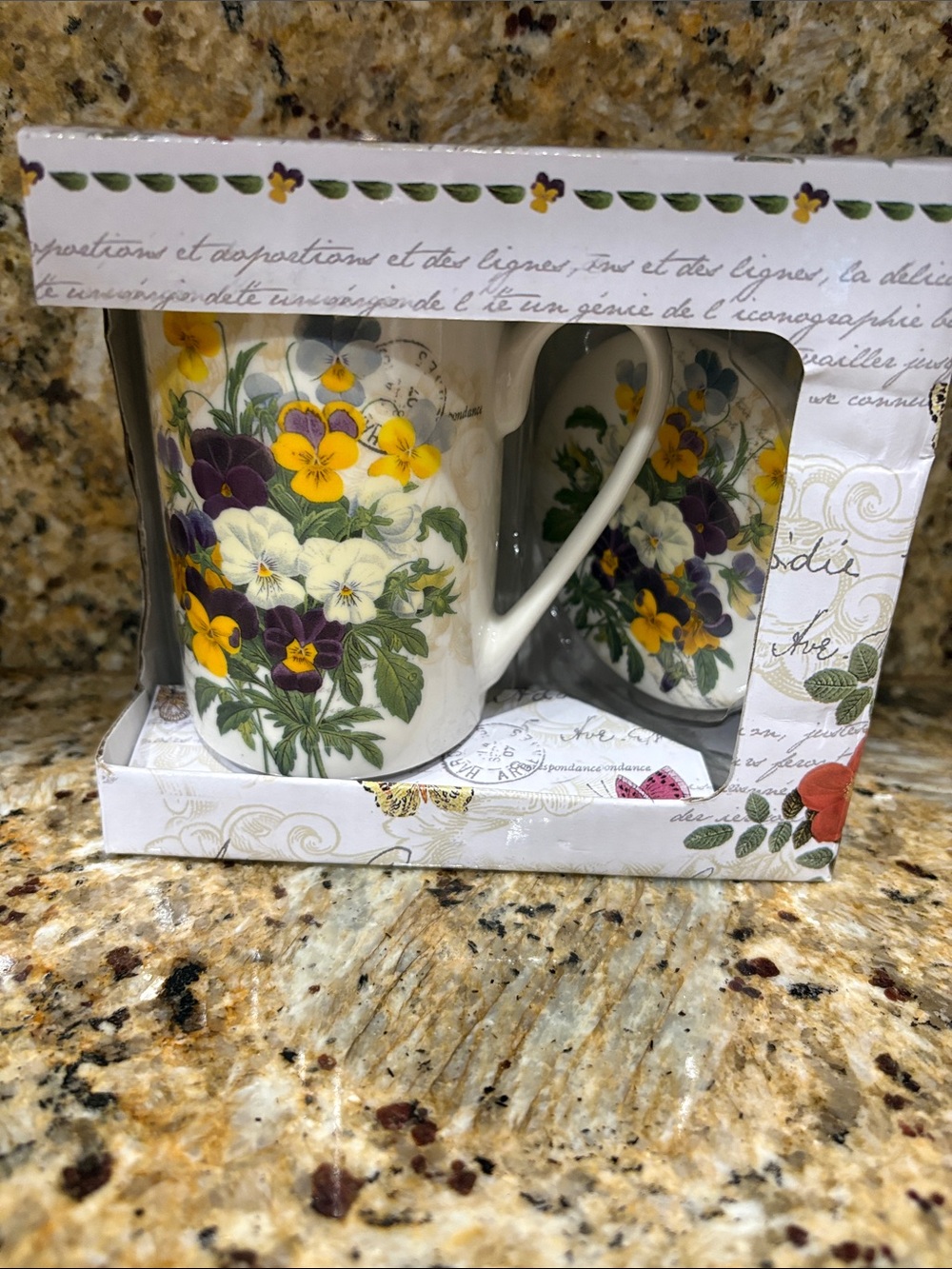 Floral Pansy Ceramic Mug Set with coaster - White with Yellow & Purple Pansies